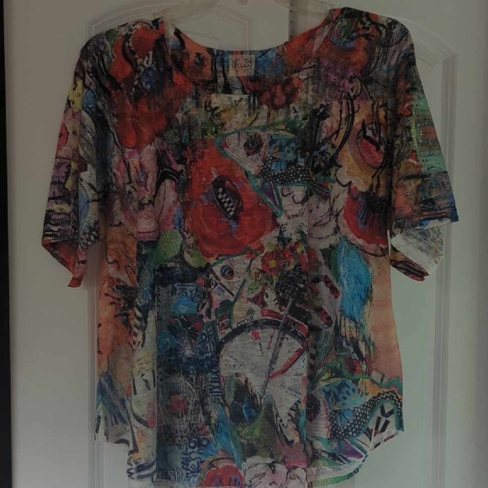 Artistic Red and Blue Graphic Blouse